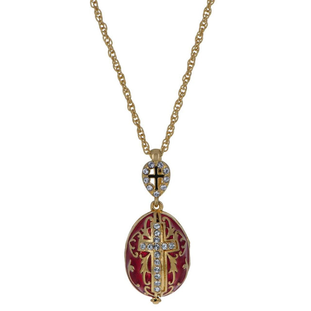Red Enamel Brass 50 Crystals Triptych Icons Royal Egg Pendant Necklace in Red color Oval