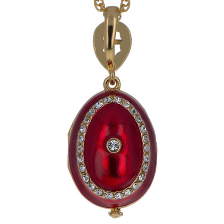 Red Enamel Brass 50 Crystals Triptych Icons Royal Egg Pendant Necklace , dimensions in inches: 20 x 20 x 0.57