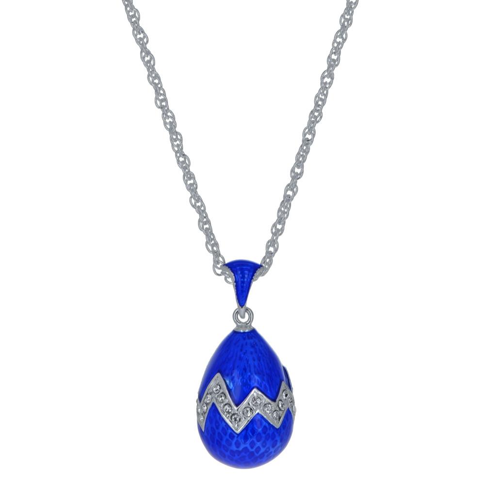 Pewter Blue Enamel 35 Crystals Brass Royal Egg Pendant Necklace in Blue color Oval