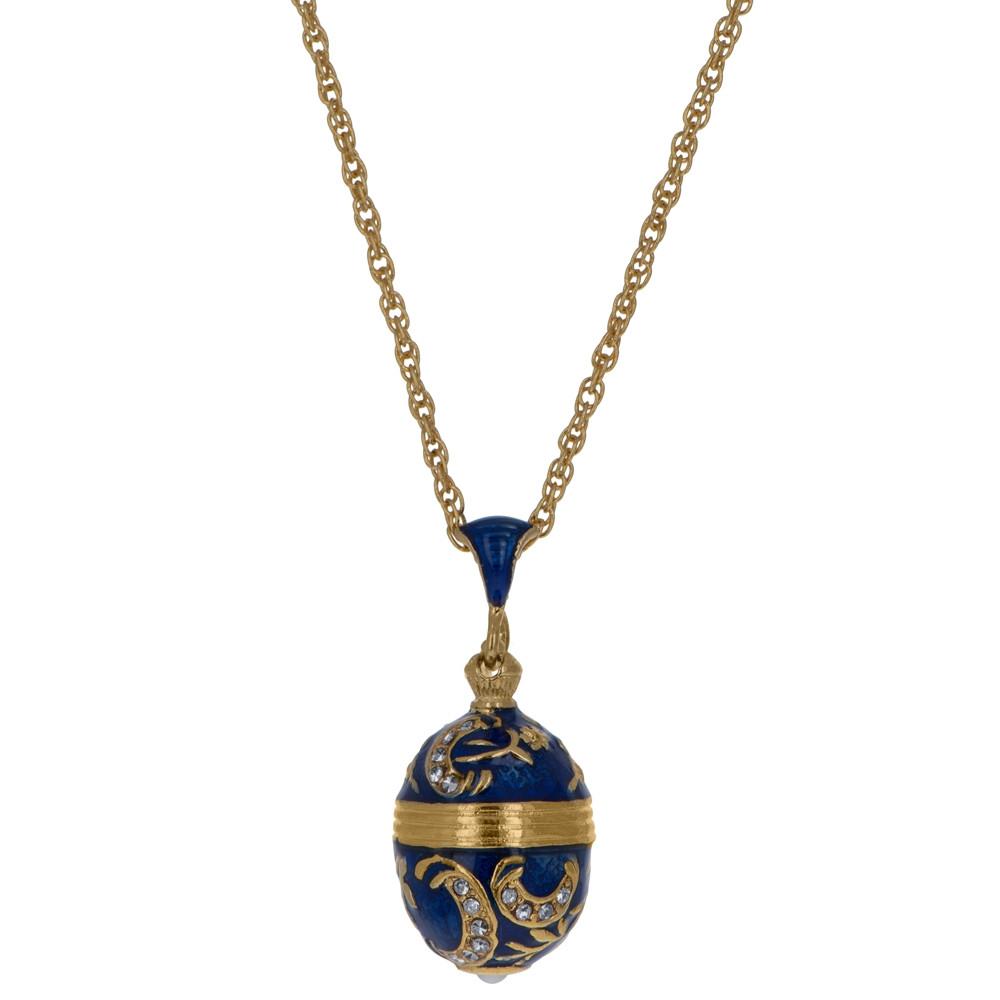 Pewter Blue Enamel 30 Crystals Brass Royal Egg Pendant Necklace 20 Inches in Blue color Oval