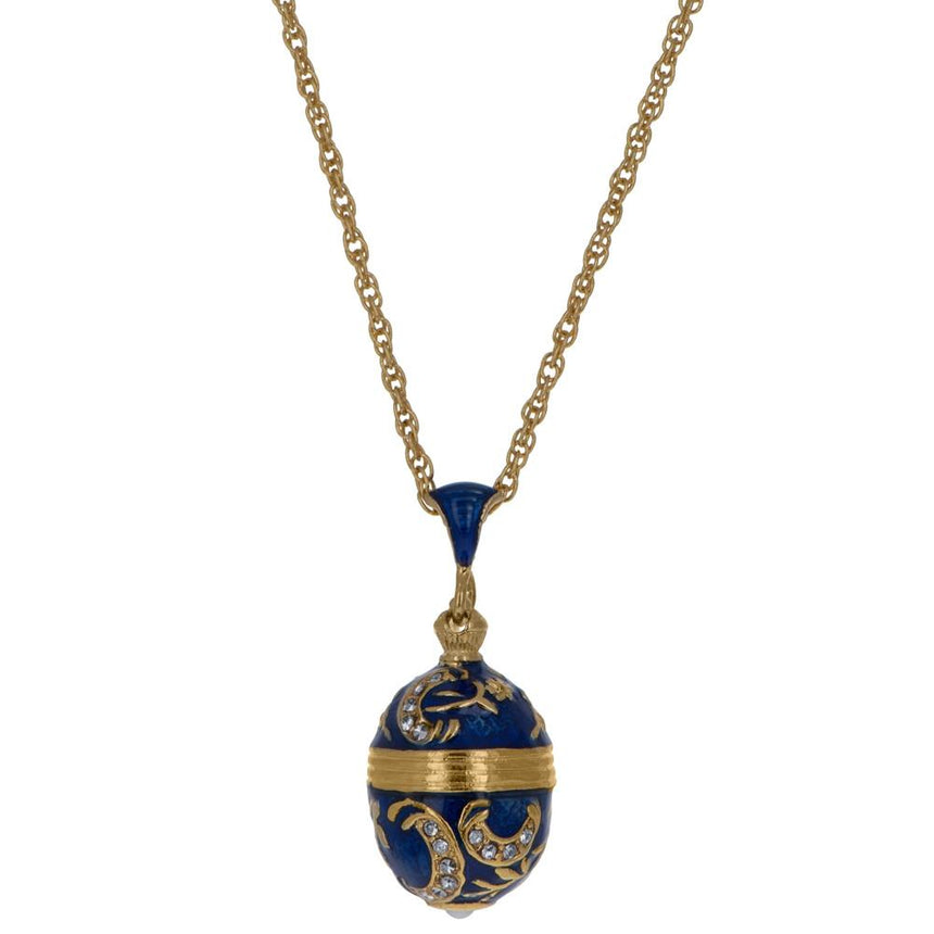 Blue Enamel 30 Crystals Brass Royal Egg Pendant Necklace 20 Inches in Blue color Oval