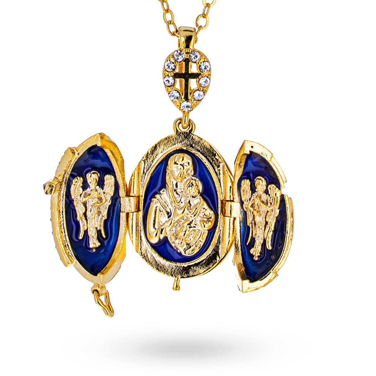 Shop Blue Brass 50 Crystals Triptych Icons Royal Egg Pendant Necklace. Buy Jewelry Necklaces Royal Blue Oval Pewter for Sale by Online Gift Shop BestPysanky jewelry Russian Easter egg pendant necklace charm locket jeweled enameled crystals vintage style Faberge Swarovski