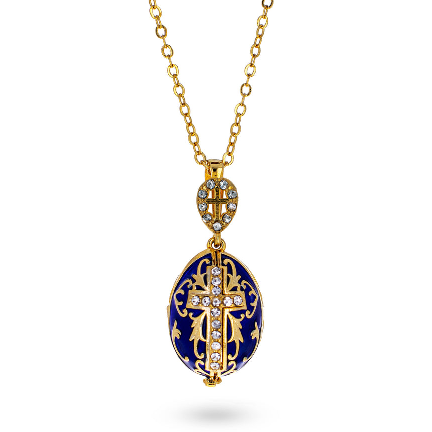 Blue Brass 50 Crystals Triptych Icons Royal Egg Pendant Necklace in Blue color Oval
