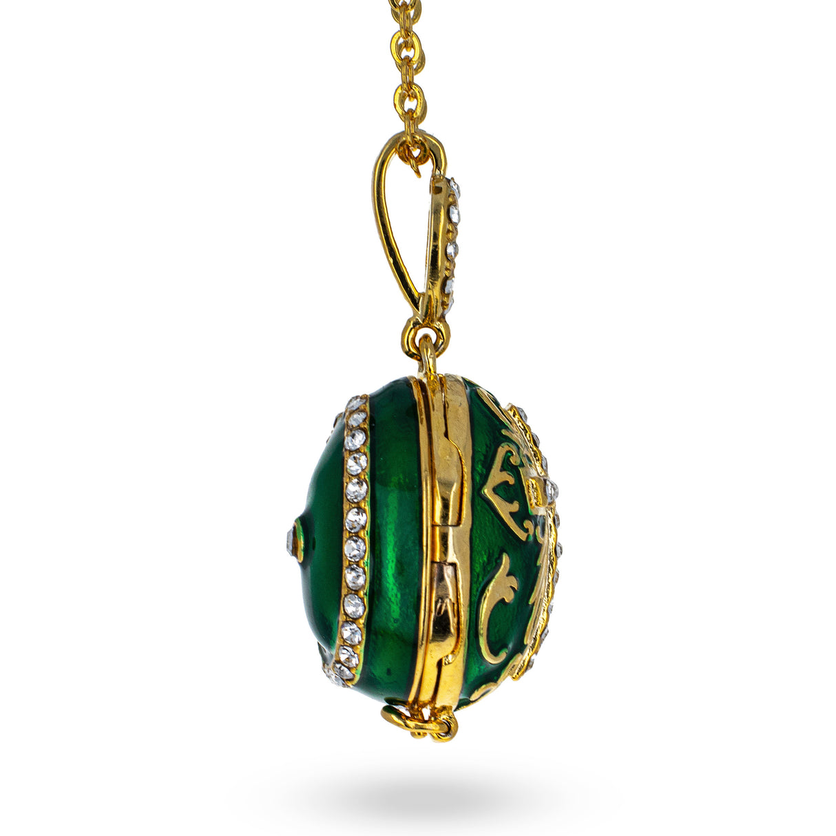 Green Brass 50 Crystals Triptych Icons Royal Egg Pendant Necklace ,dimensions in inches: 1.02 x 20 x 0.6