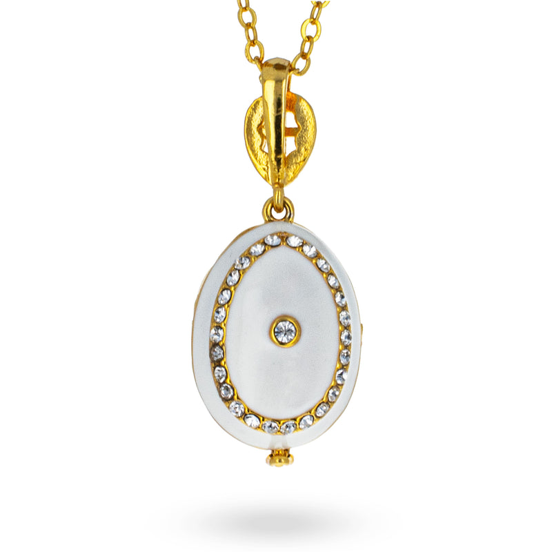 White Brass 50 Crystals Triptych Icons Royal Egg Pendant Necklace