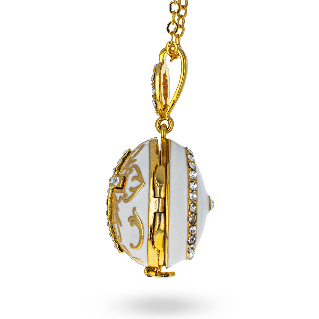 White Brass 50 Crystals Triptych Icons Royal Egg Pendant Necklace ,dimensions in inches: 1.02 x 20 x 0.7