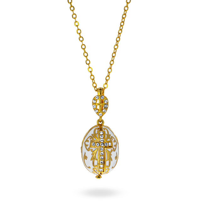White Brass 50 Crystals Triptych Icons Royal Egg Pendant Necklace in White color Oval