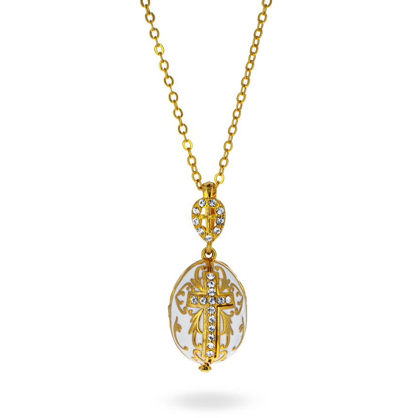 White Brass 50 Crystals Triptych Icons Royal Egg Pendant Necklace in White color Oval