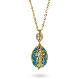 Turquoise Brass 50 Crystals Triptych Icons Royal Egg Pendant Necklace 20 Inches in Blue color, Oval shape
