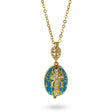 Turquoise Brass 50 Crystals Triptych Icons Royal Egg Pendant Necklace in Blue color, Oval shape