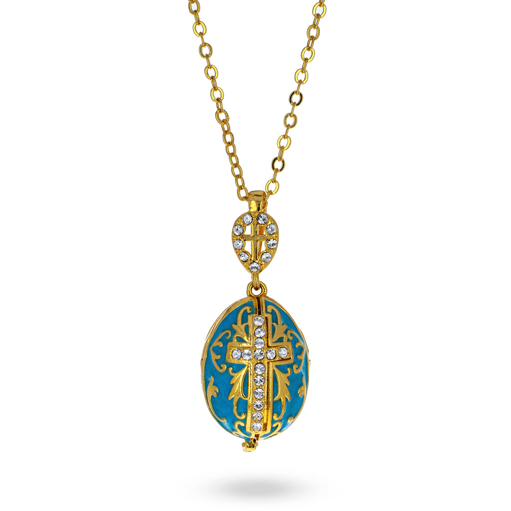 Turquoise Brass 50 Crystals Triptych Icons Royal Egg Pendant Necklace in Blue color Oval