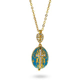 Turquoise Brass 50 Crystals Triptych Icons Royal Egg Pendant Necklace in Blue color Oval