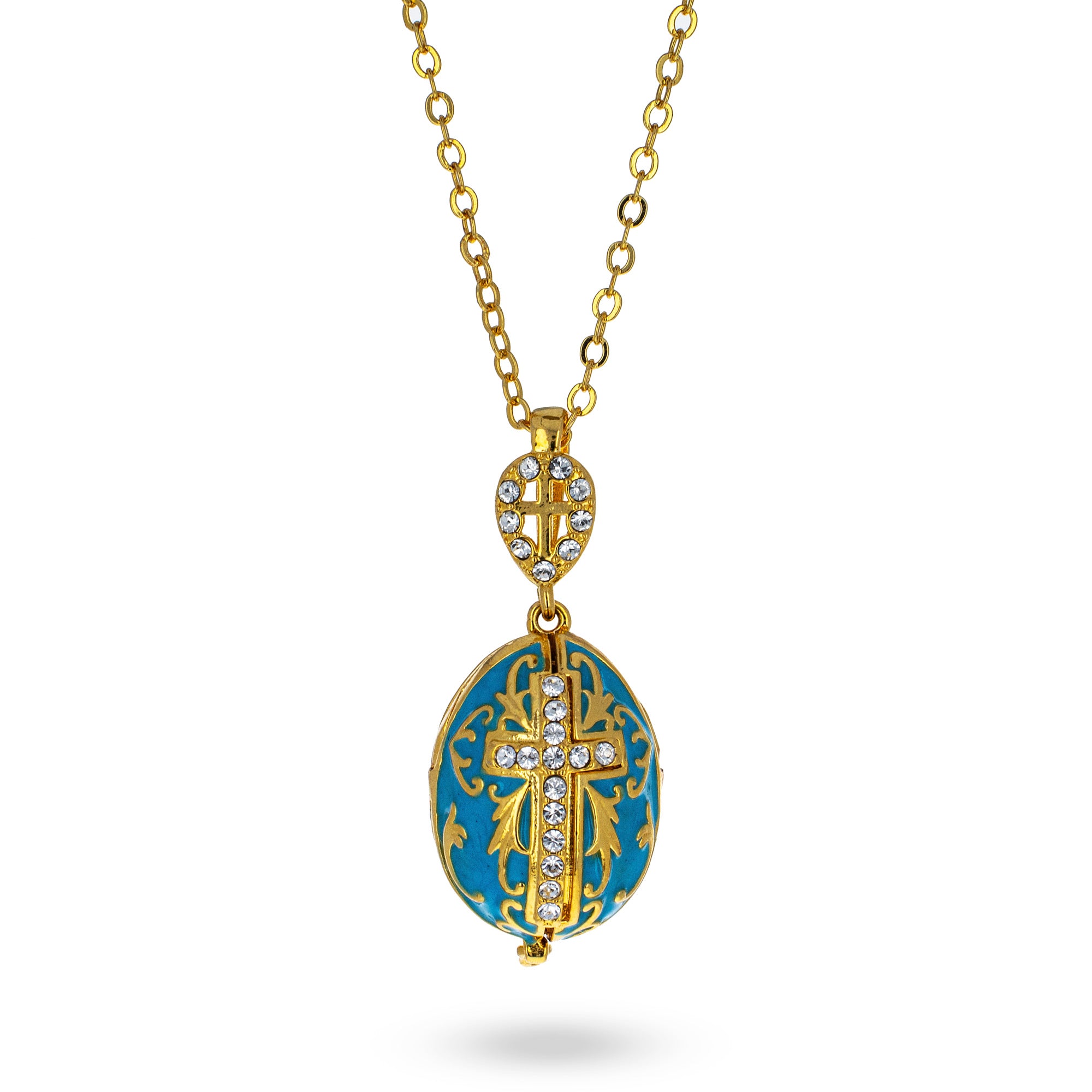 Turquoise Brass 50 Crystals Triptych Icons Royal Egg Pendant Necklace in Blue color Oval