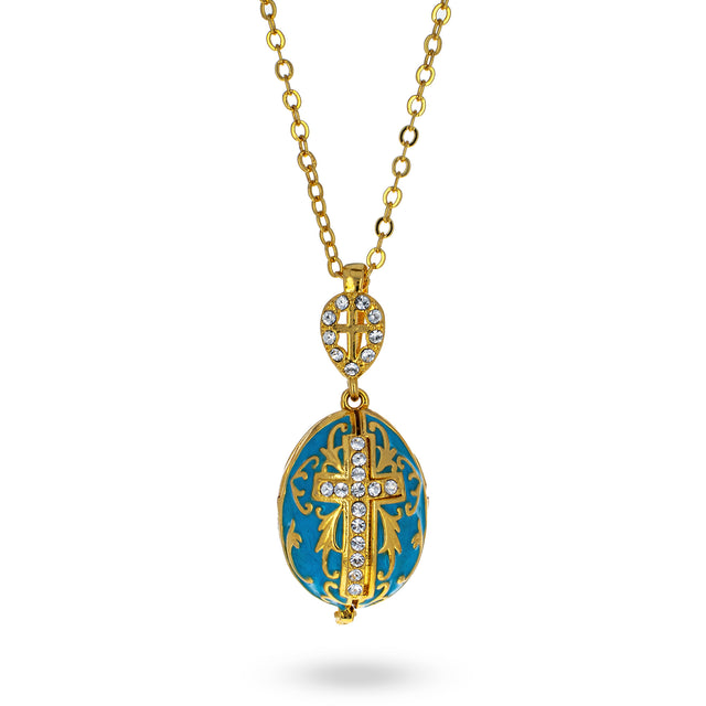 Turquoise Brass 50 Crystals Triptych Icons Royal Egg Pendant Necklace in Blue color Oval