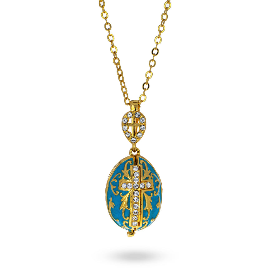 Turquoise Brass 50 Crystals Triptych Icons Royal Egg Pendant Necklace in Blue color Oval