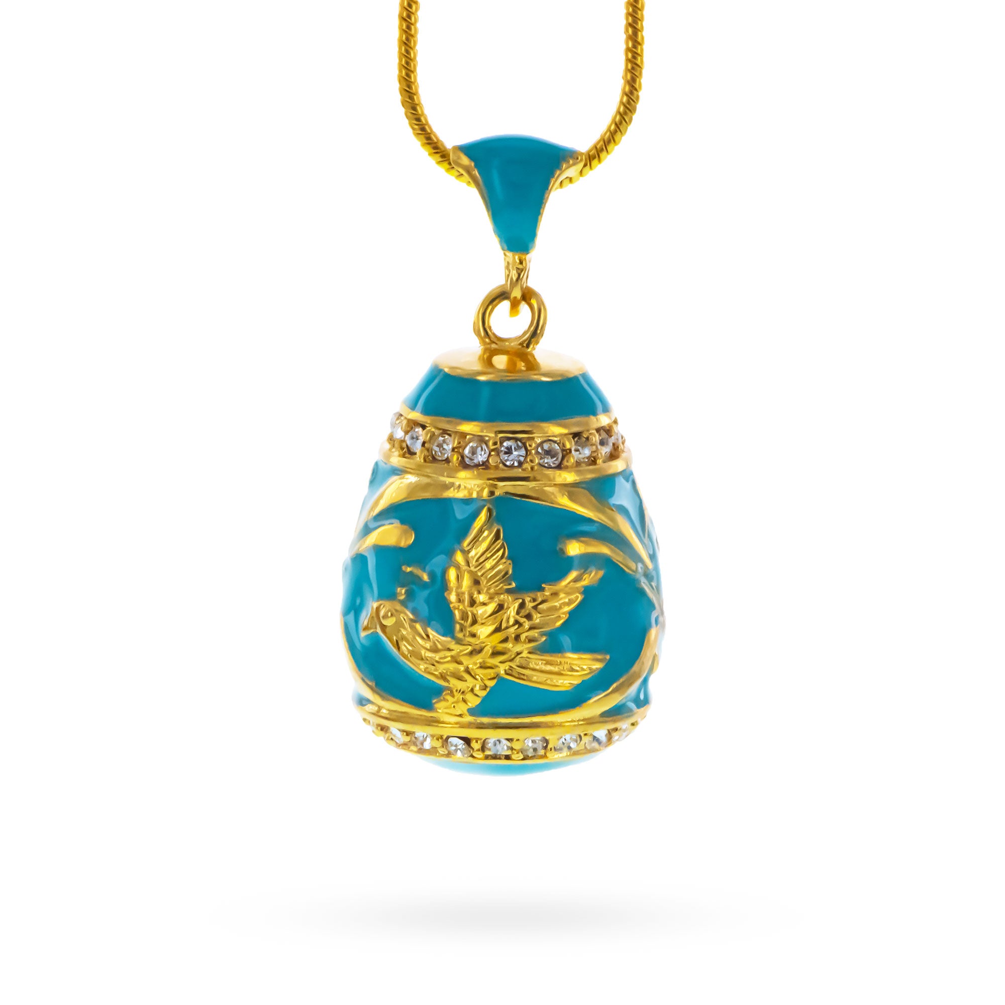 Aquamarine Enamel Gold Bird Royal Egg Pendant Necklace in Multi color Oval