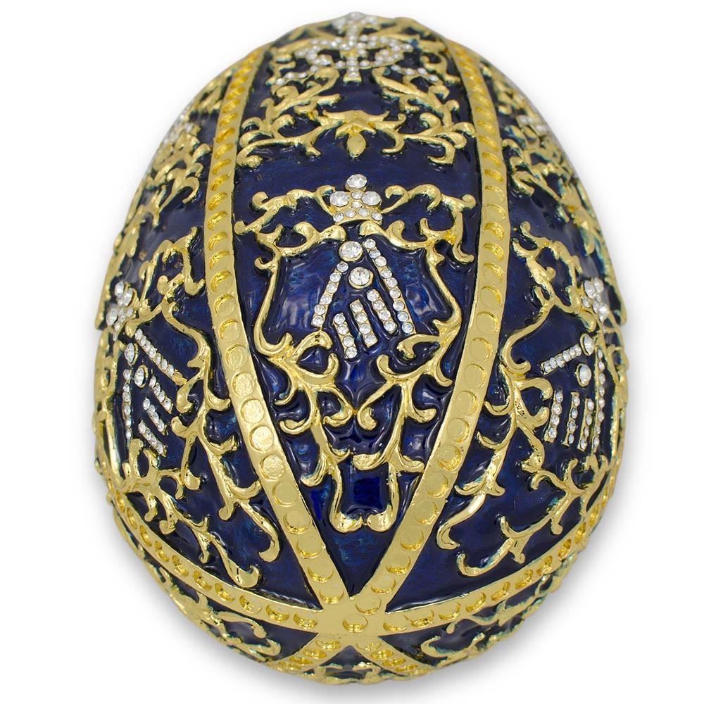 Shop 1895 Twelve Monograms Royal Imperial Metal Easter Egg. Buy Royal Royal Eggs Imperial Blue Oval Pewter for Sale by Online Gift Shop BestPysanky Faberge replicas Imperial royal collectible Easter egg decorative Russian inspired style jewelry trinket box bejeweled jeweled enameled decoration figurine collection house music box crystal value for sale real