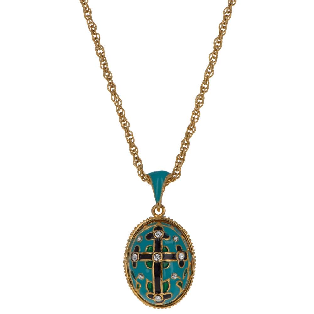 Turquoise Enamel Black Cross Royal Egg Pendant Necklace 20 Inches in Multi color, Oval shape