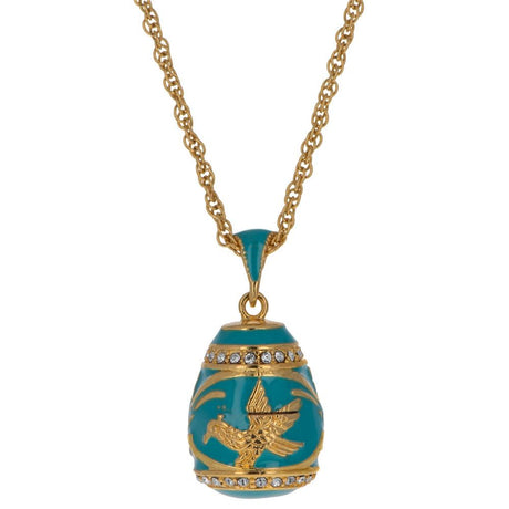 Aquamarine Enamel Gold Bird Royal Egg Pendant Necklace 20 Inches in Multi color, Oval shape