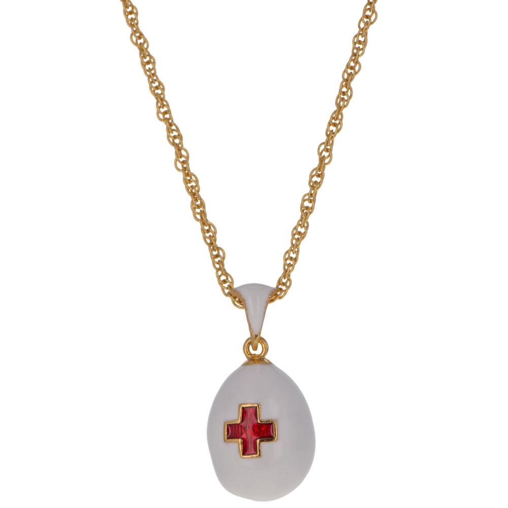 White Enamel Red Cross Royal Egg Pendant Necklace 20 Inches in Multi color, Oval shape