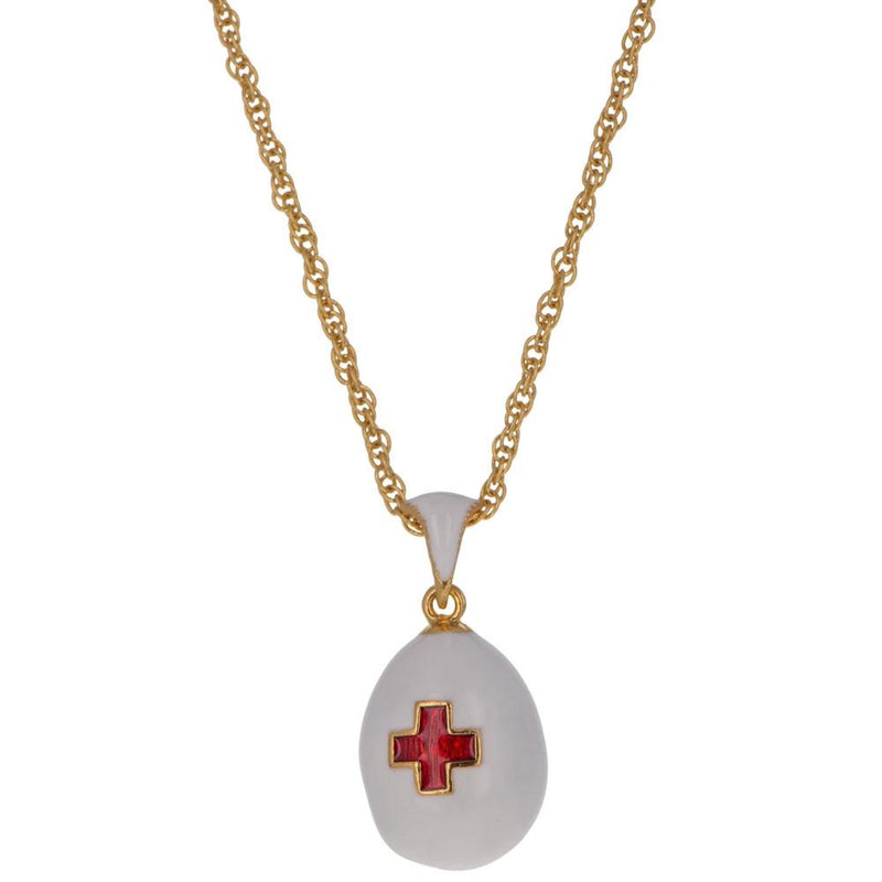 White Enamel Red Cross Royal Egg Pendant Necklace 20 Inches in Multi color, Oval shape