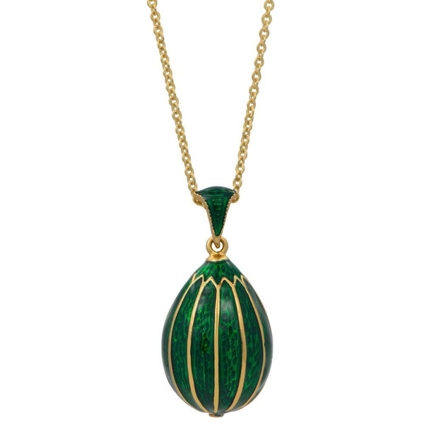 Green Enamel Striped Royal Egg Pendant Necklace 20 Inches in Green color, Oval shape