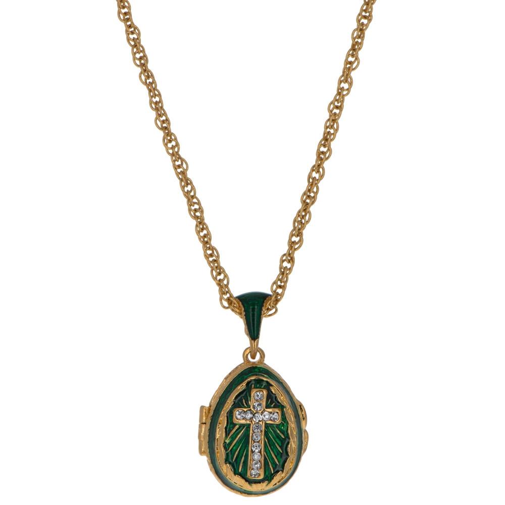 Pewter Green Enamel Crystal Cross Royal Egg Pendant Necklace in Green color Oval