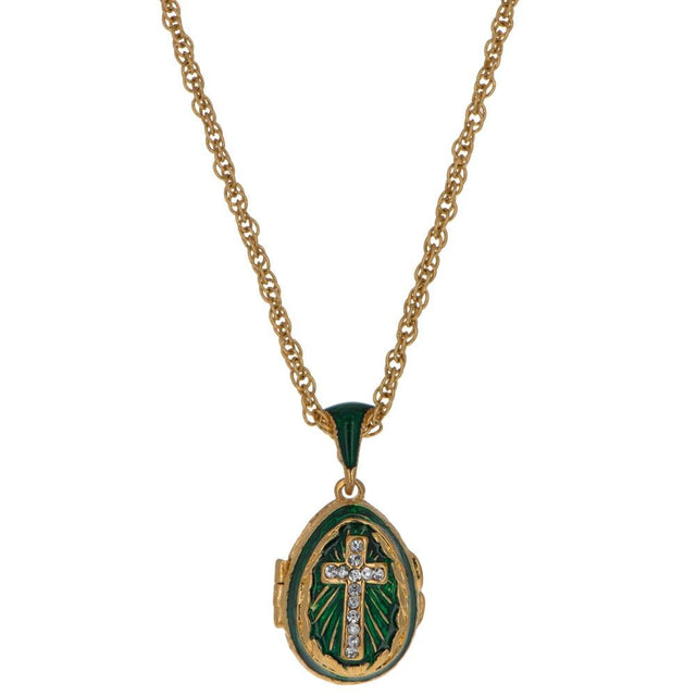 Green Enamel Crystal Cross Royal Egg Pendant Necklace in Green color Oval