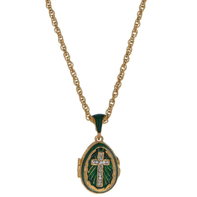 Green Enamel Crystal Cross Royal Egg Pendant Necklace 20 Inches in Green color, Oval shape