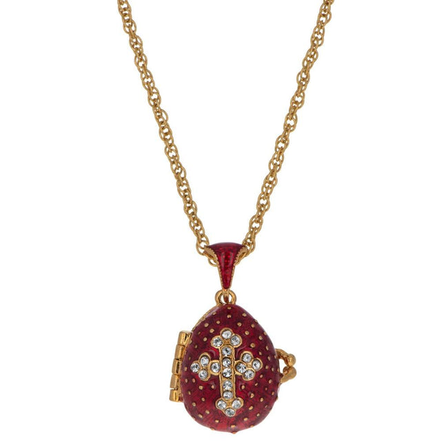 Pewter Red Enamel Crystal Cross with Heart Charm Royal Egg Pendant Necklace in Red color Oval