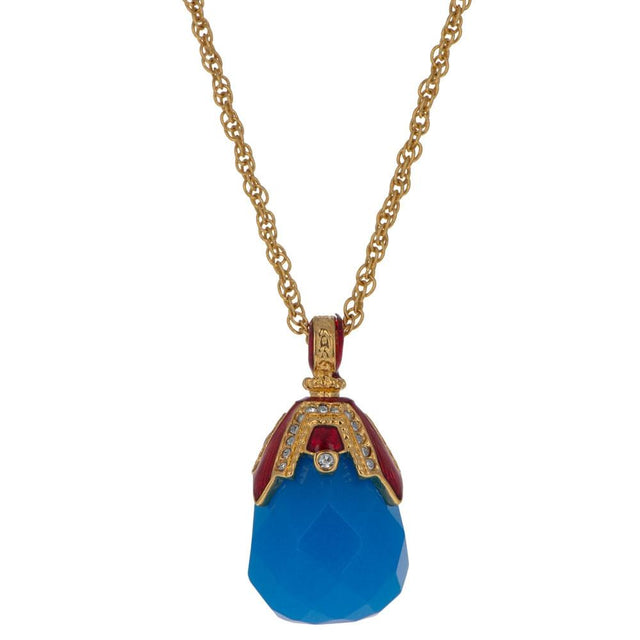 Pewter Royal Blue Raindrop Crystal Egg Pendant Necklace in Blue color Oval