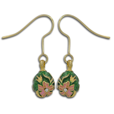 Green and Pink Enameled Flowers Egg Earrings in Multi color, Oval shape