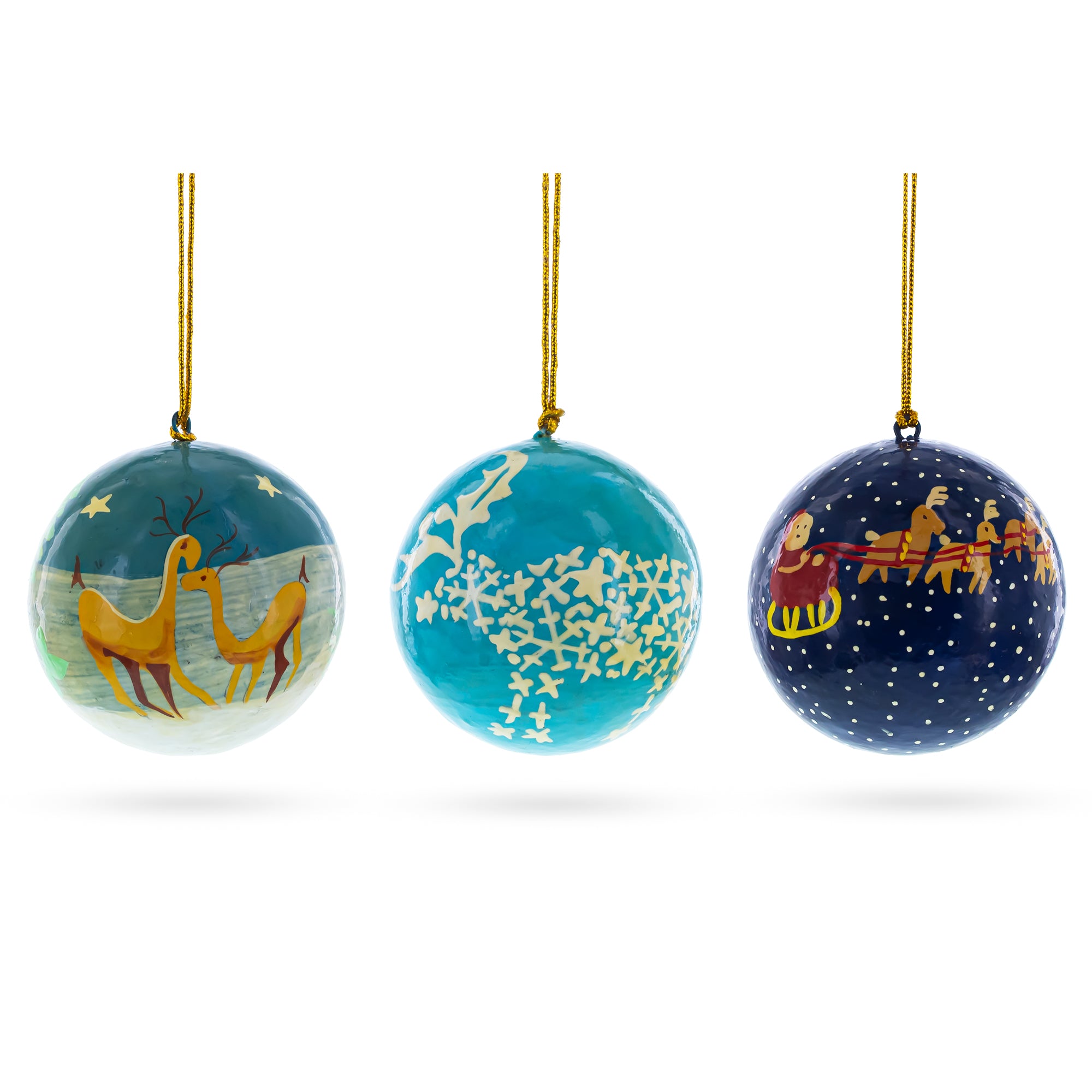 3 Santa and Reindeer Wooden Christmas Ball Ornaments in Multi color Round