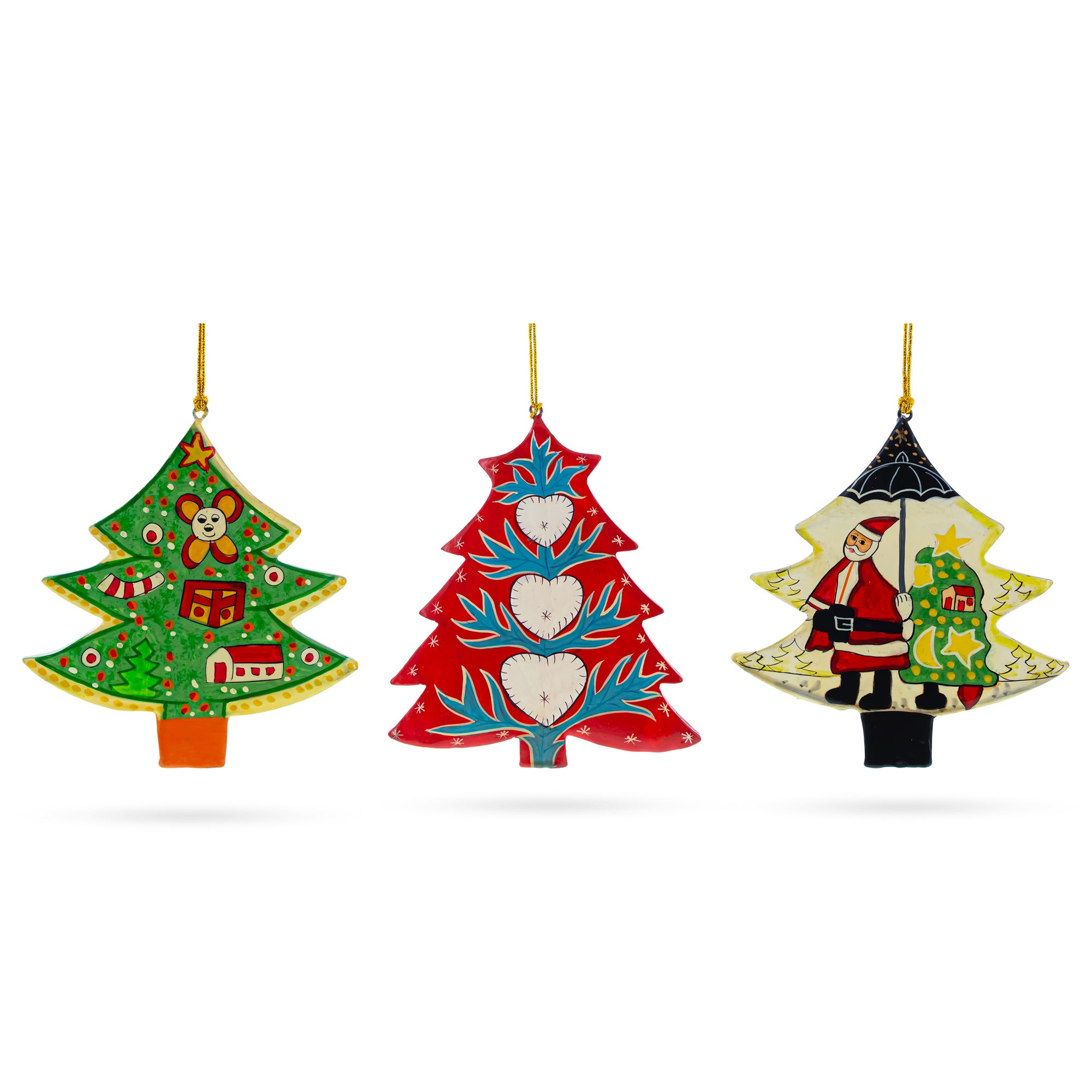 3 Spinning Christmas Tree Wooden Ornaments in Multi color Triangle