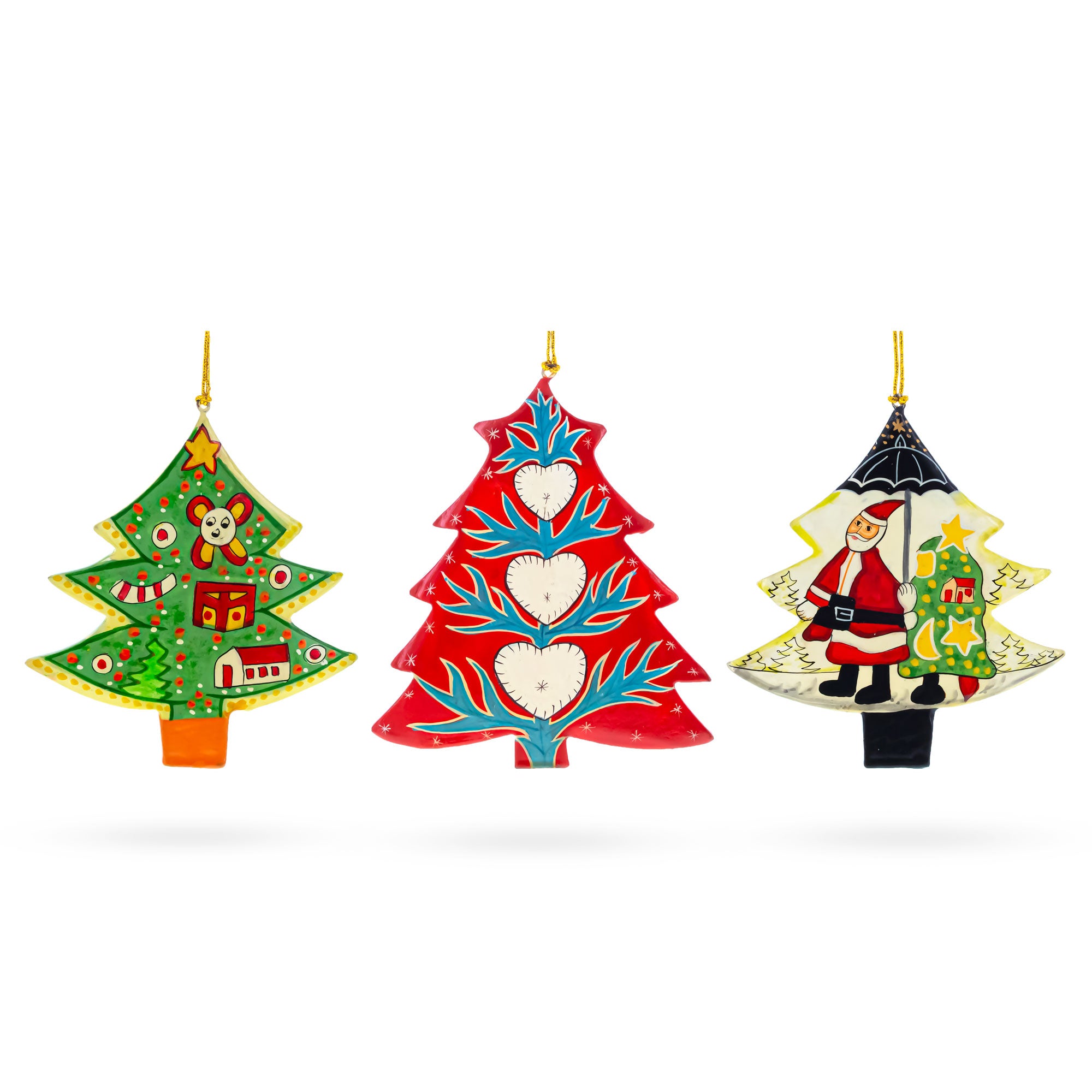 Set of 3 Santa and Christmas Trees Wooden Christmas Ornaments in Multi color Triangle