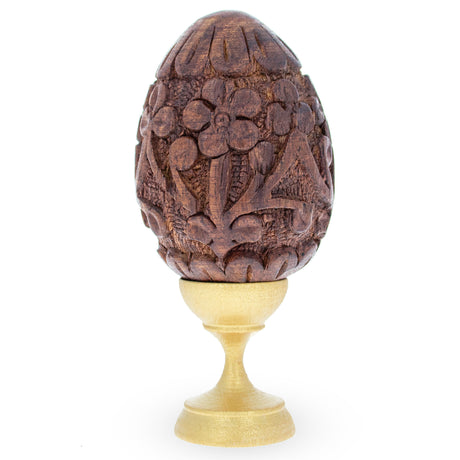 Hand Carved Sheesham Wood Easter Egg with Flowers on a Stand in Beige color, Oval shape