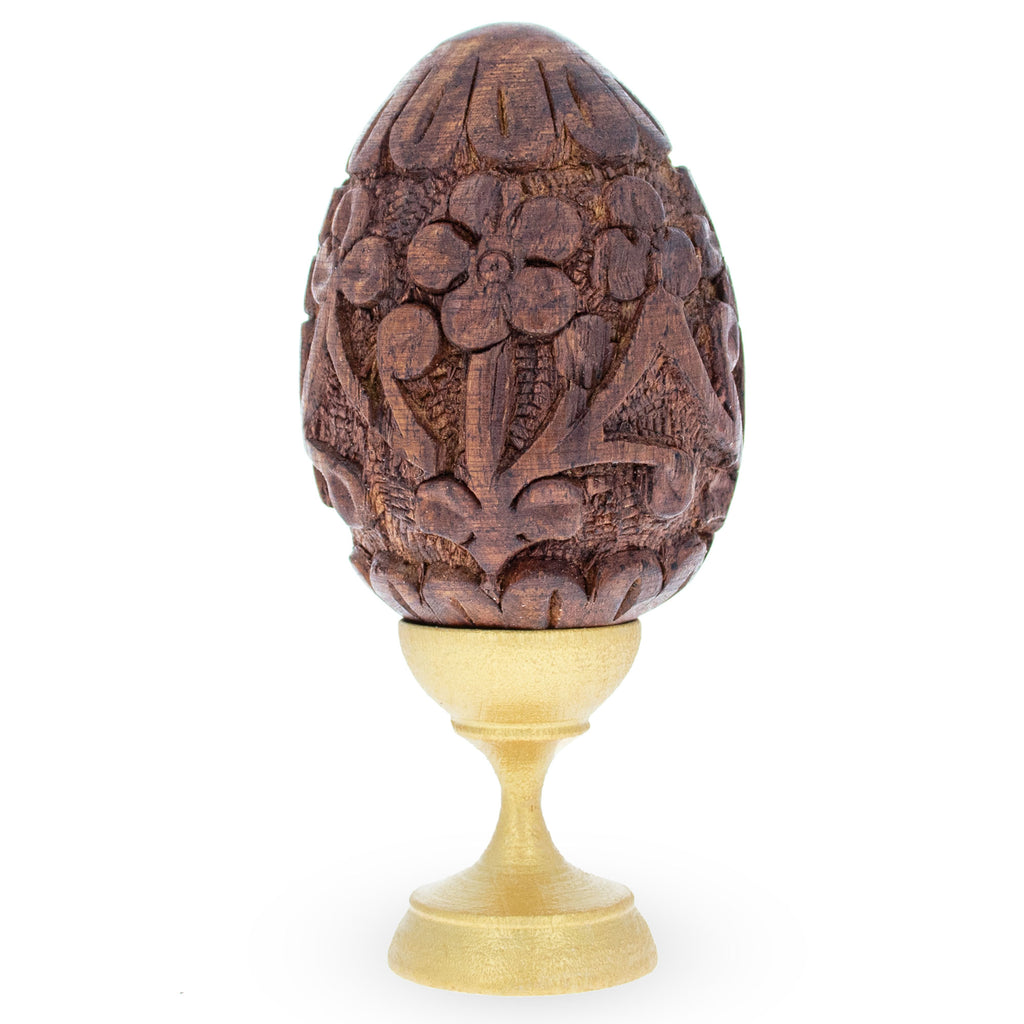Hand Carved Sheesham Wood Easter Egg with Flowers on a Stand in Beige color Oval