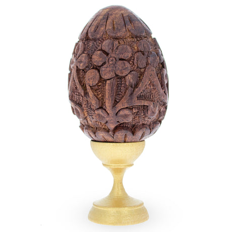 Hand Carved Sheesham Wood Easter Egg with Flowers on a Stand in Beige color Oval