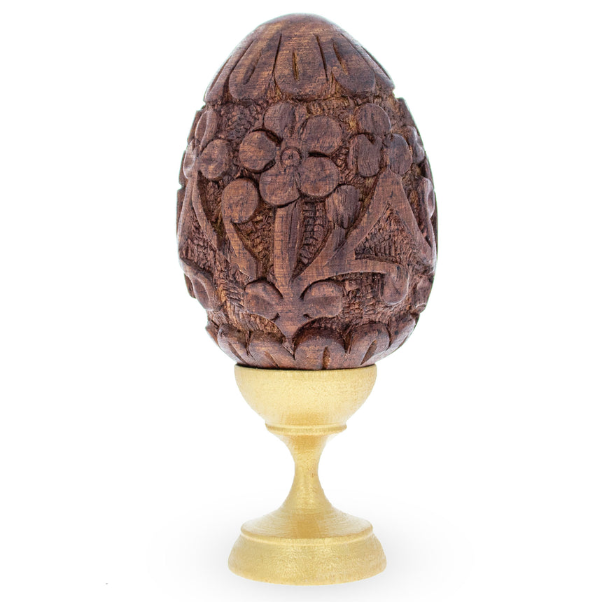 Hand Carved Sheesham Wood Easter Egg with Flowers on a Stand in Beige color Oval