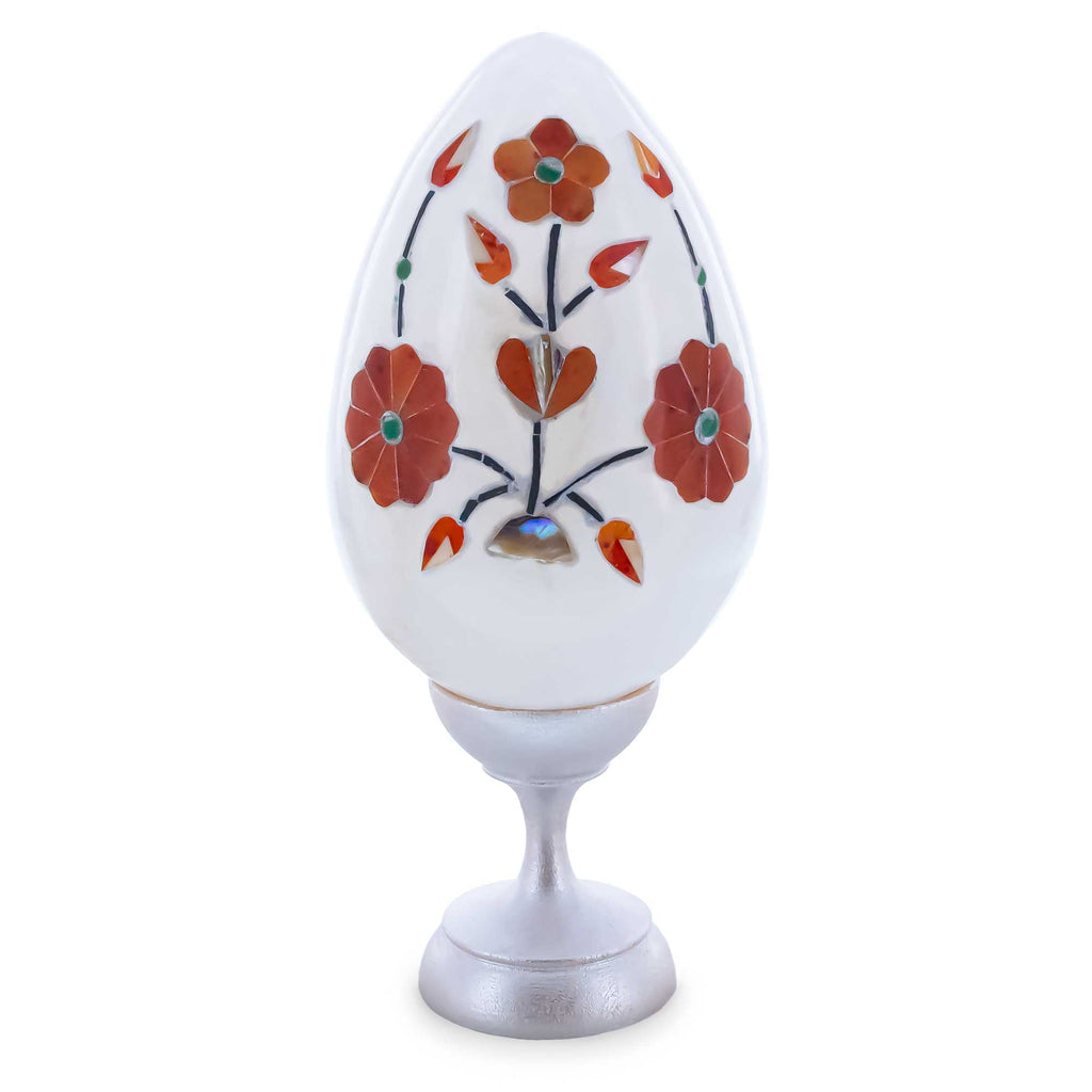Hand Carved and Inlaid Flowers Gemstone Easter Egg in White color Oval