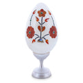 Hand Carved and Inlaid Flowers Gemstone Easter Egg in White color Oval