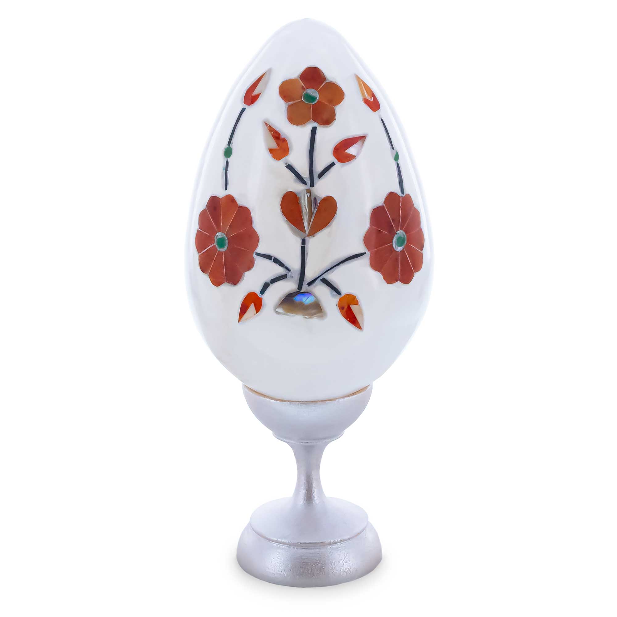 Hand Carved and Inlaid Flowers Gemstone Easter Egg in White color Oval