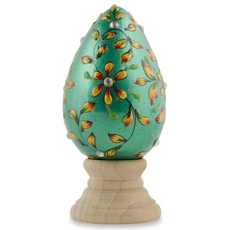 Jeweled Green Flowers Wooden Easter Egg in Green color Oval