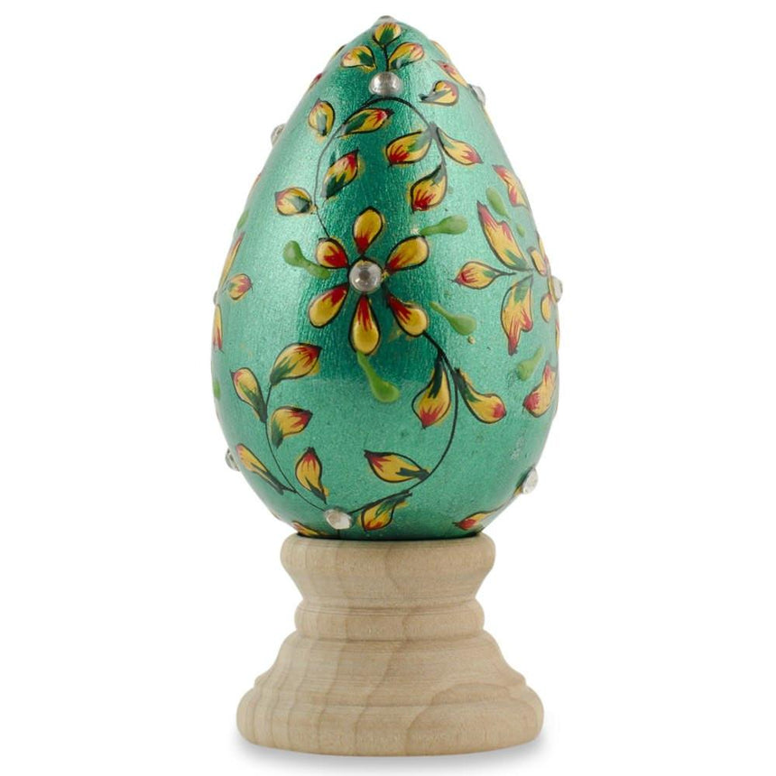 Jeweled Green Flowers Wooden Easter Egg in Green color Oval
