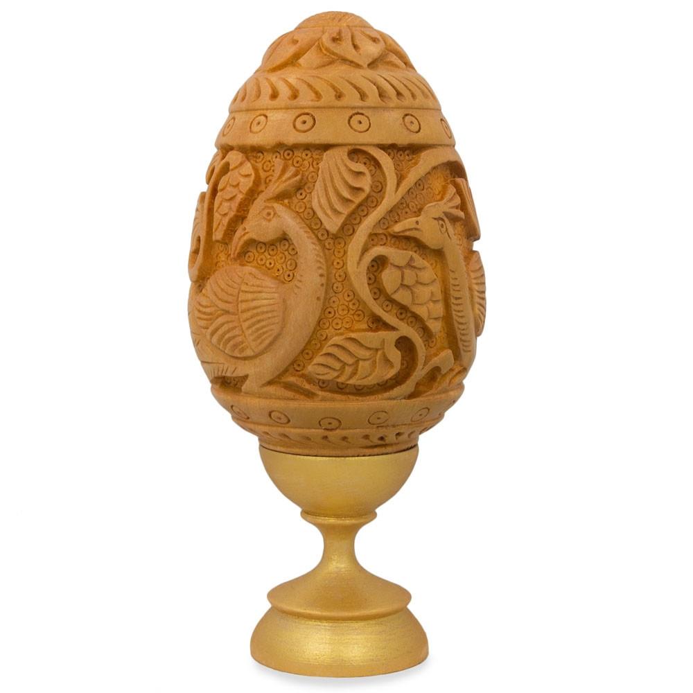 Hand Carved Peacocks Wooden Easter Egg 3 Inches in Multi color Oval