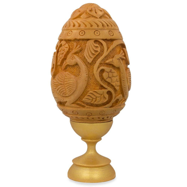 Hand Carved Peacocks Wooden Easter Egg 3 Inches in  color Oval