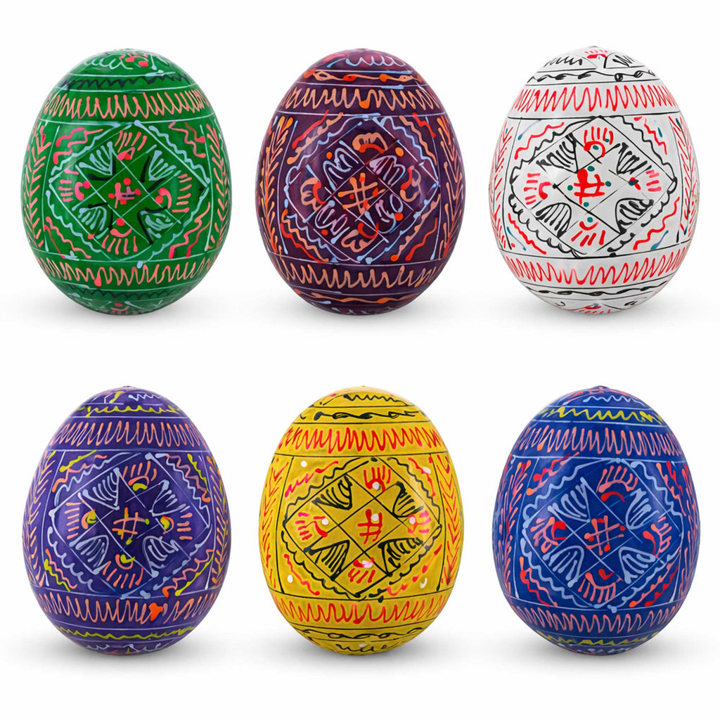 6 Basic Geometric Ukrainian Wooden Easter Eggs Pysanky in Multi color Oval