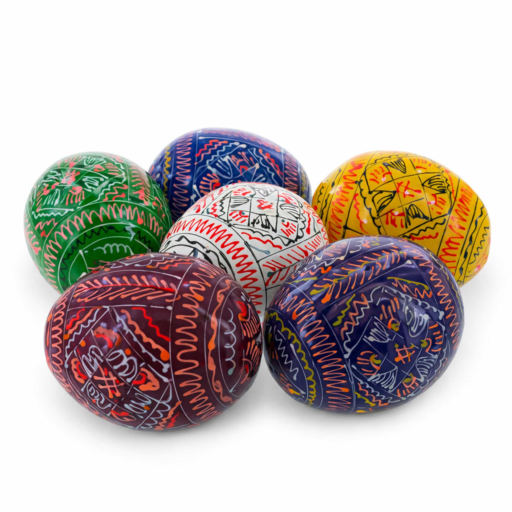 6 Basic Geometric Ukrainian Wooden Easter Eggs PysankyUkraine , dimensions in inches: 2.25 x 1.5 x 1.5