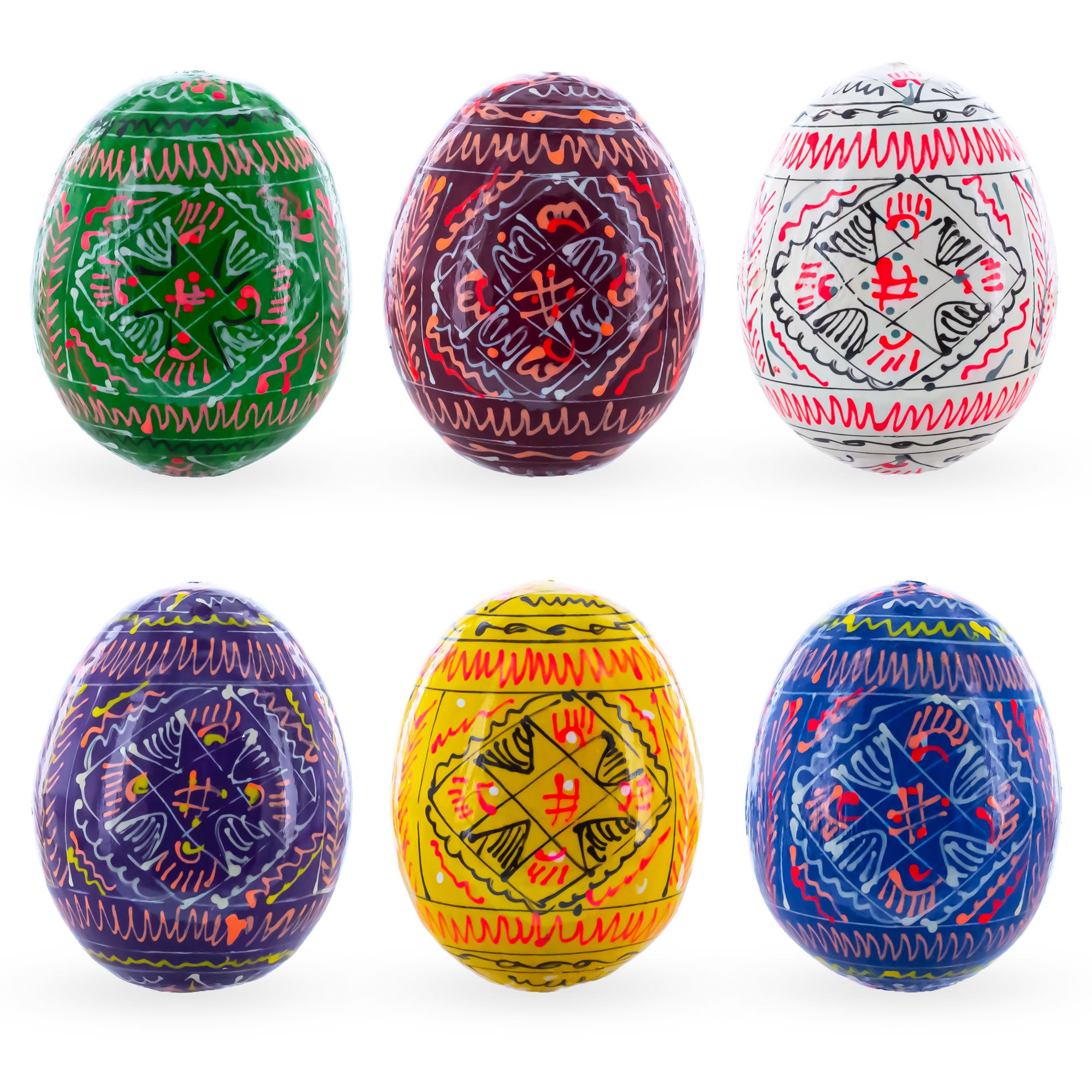 6 Basic Geometric Ukrainian Wooden Easter Eggs Pysanky in Multi color Oval