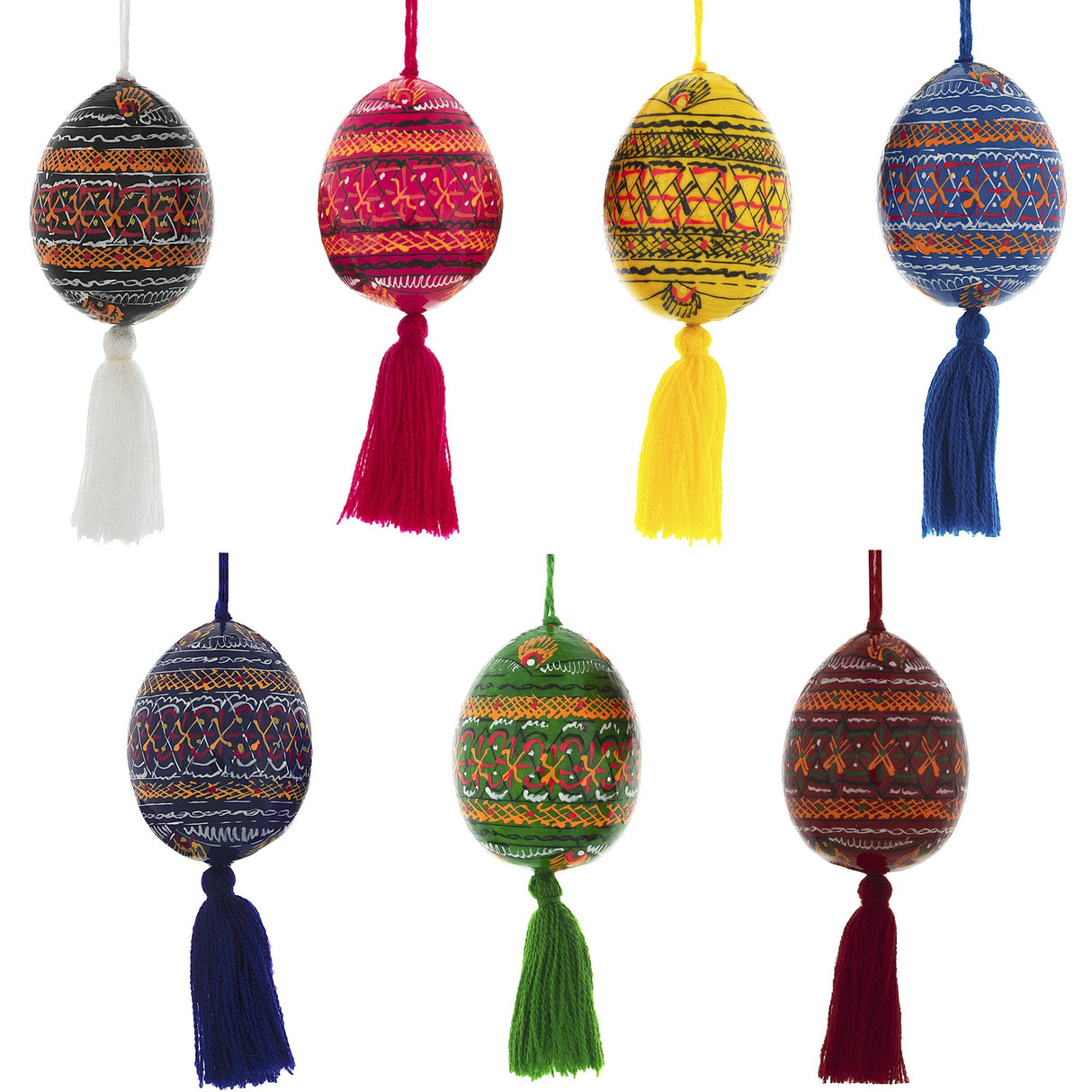 Set of 7 Wooden Ukrainian Easter Egg Ornaments in Multi color, Oval shape
